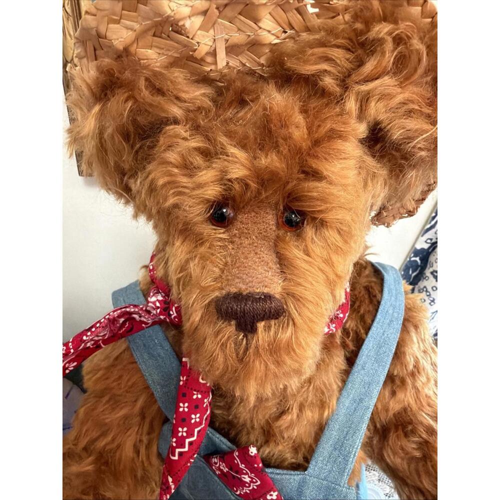 Large Mohair Teddy Bear 18” Farmer Overalls Egg Pail By Luckeye Medford Signed - Picture 2 of 14
